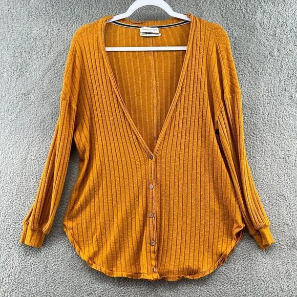 Urban Outfitters Ribbed Knit Oversized Thermal Top Mustard Marigold button front - Picture 1 of 8